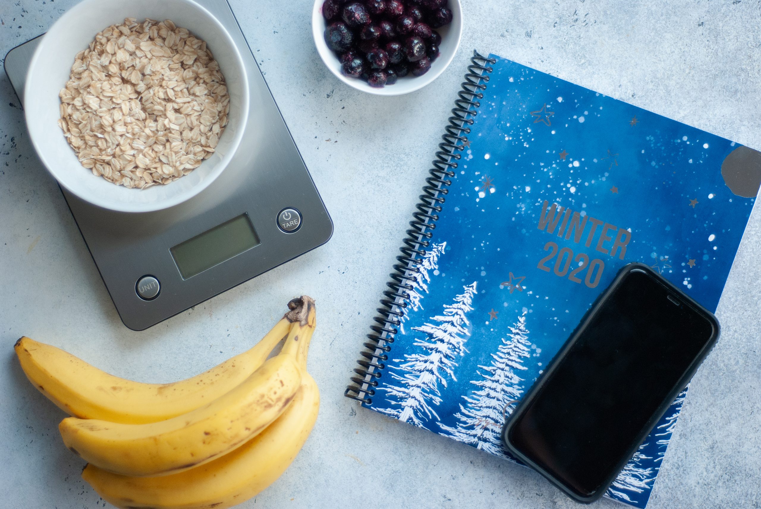 food scale, journal, phone